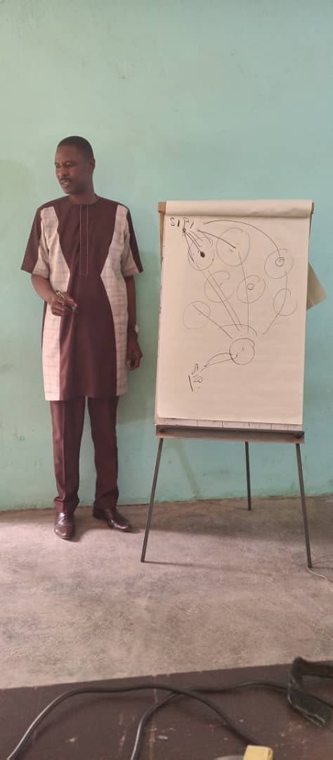 Dr Ismaïla IMOROU ISSA devant un schéma dessiné au tableau de conférence